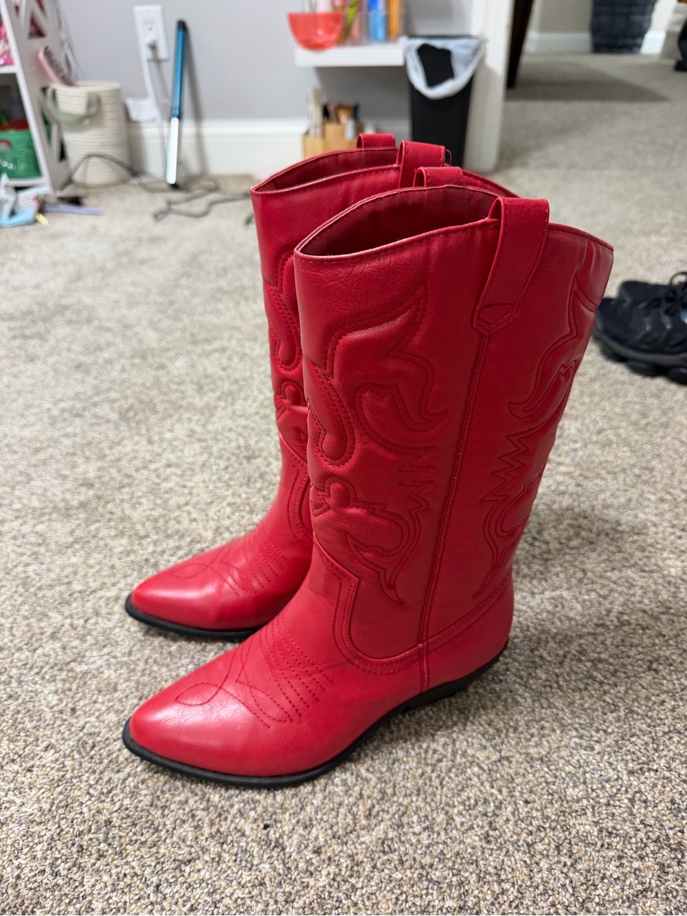 Soda Red Western-Style Mid-Calf Heeled Boots